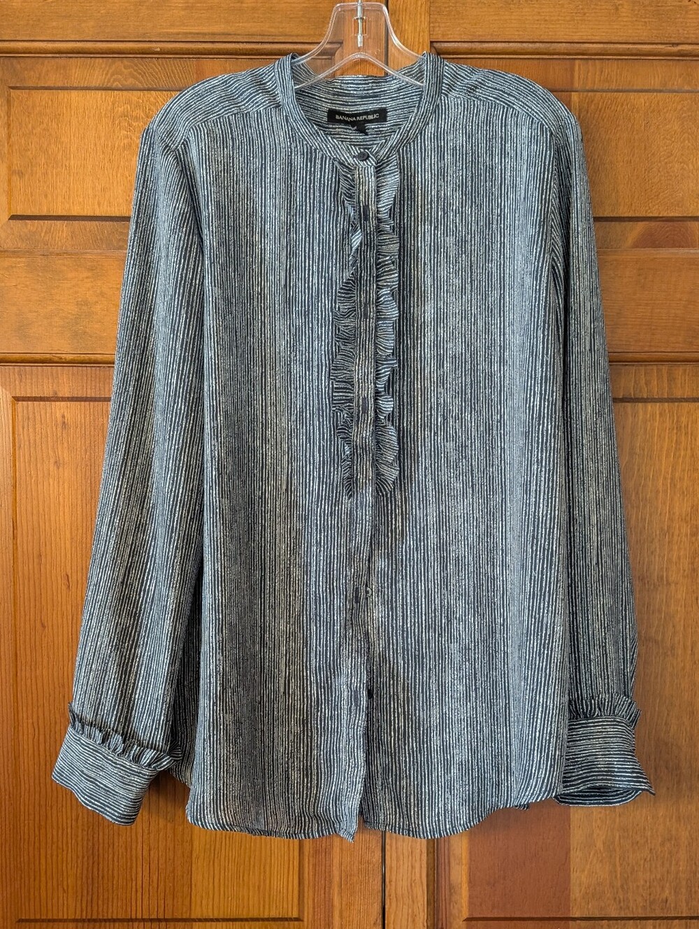 Banana Republic Black and White Striped Ruffle-Front Blouse